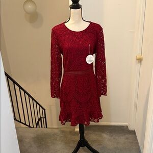 Chic Long Sleeve Lace Dress in Deep Red